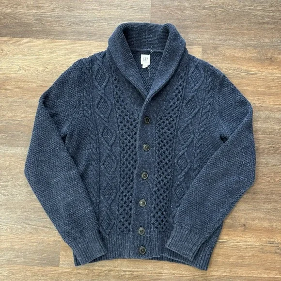 Gap Blue Cable Knit Chunky Cardigan Men's Sz L Fisherman Classic